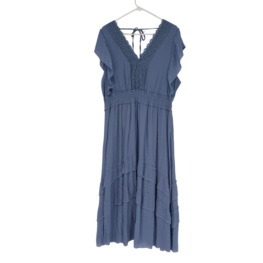 J‎ GEE Women Plus 3X Blue Smocked Waist Tiered Ruffle Crochet Trim Maxi Dress